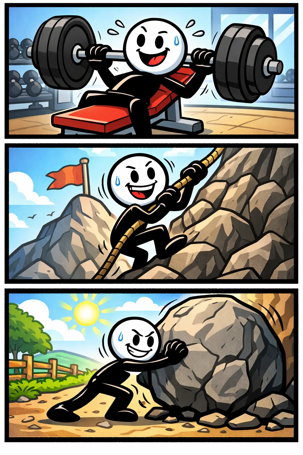 Een stickman toont weerstand door gewichten te duwen, een berg te beklimmen en een grote steen vooruit te duwen, terwijl hij doorzet ondanks inspanning.