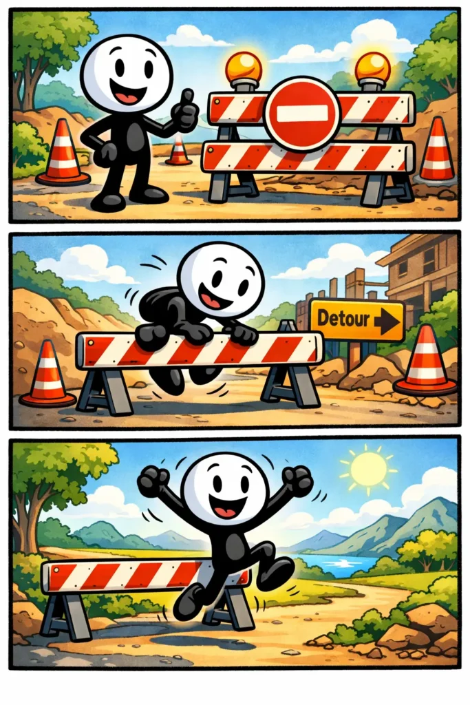 Toonwords-strip met drie panelen waarin een stickman een wegversperring tegenkomt, eroverheen klimt en vrolijk verder gaat langs de afgesloten weg.