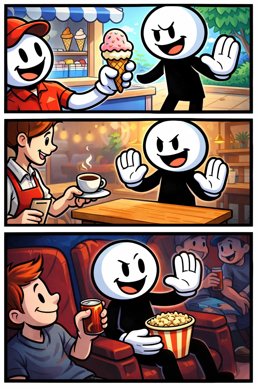 Een Toonwords-strip waarin een stickman in drie situaties vriendelijk iets weigert.