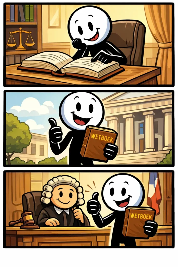 Stickman bladert door een groot wetboek en gebruikt de regels om een situatie eerlijk op te lossen in drie stappen.