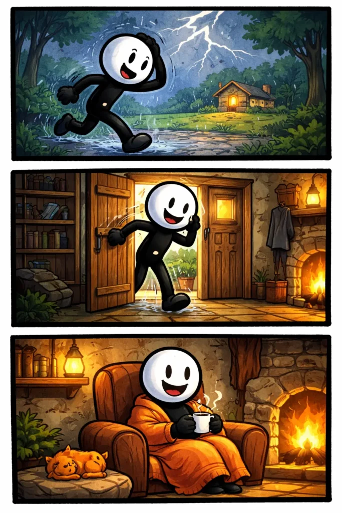 Stickman rent in de regen en onweer naar een klein huisje als schuilplaats, komt binnen bij een warm haardvuur en zit daarna ontspannen in een stoel met een kop warme drank terwijl buiten de storm woedt.