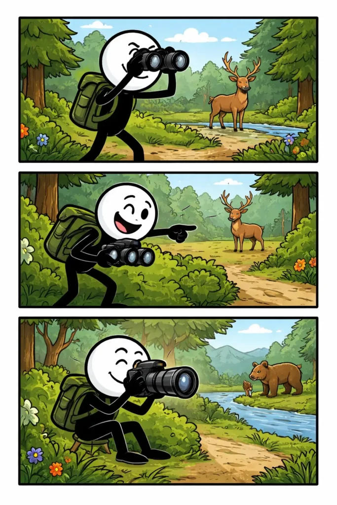 Toonwords-strip van wildspotten waarin een stickman met een verrekijker in de natuur naar wilde dieren kijkt.