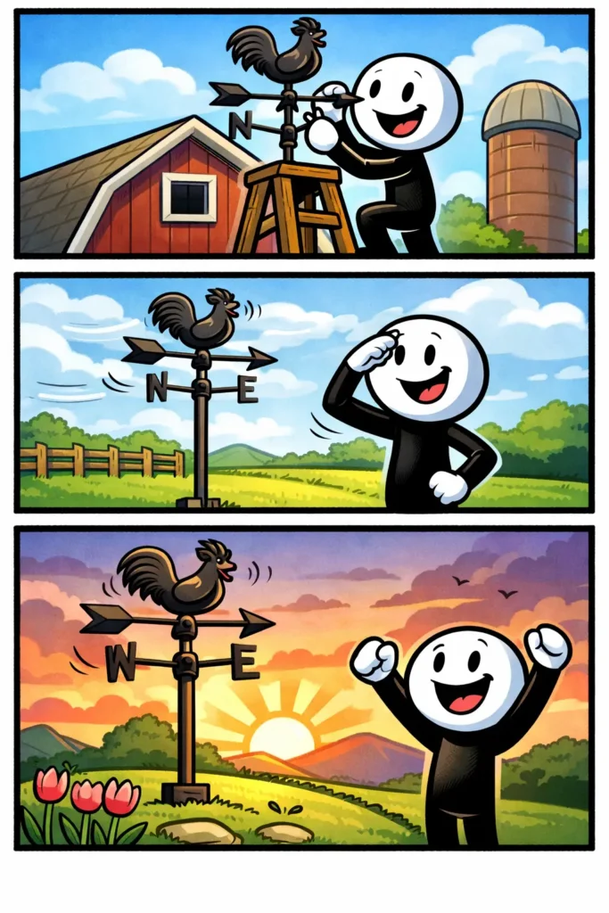 Toonwords-strip van een stickman bij een windvaan die draait op een dak en de windrichting laat zien.