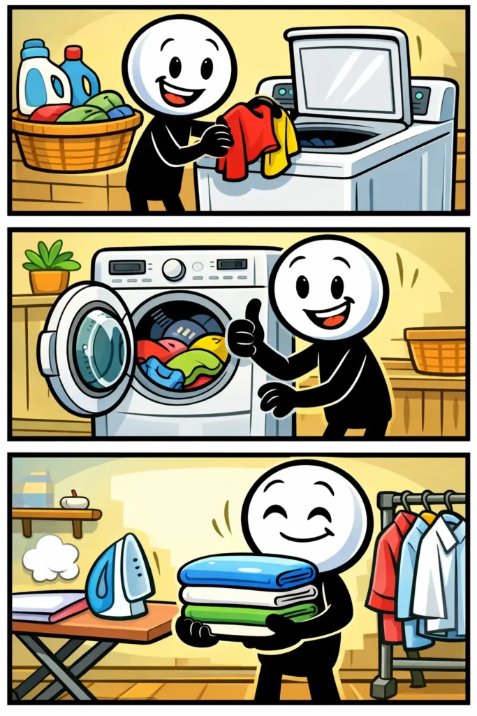 Toonwords-strip met stickman tussen verschillende apparaten uit het witgoed, zoals een wasmachine, koelkast en vaatwasser in een huishouden.