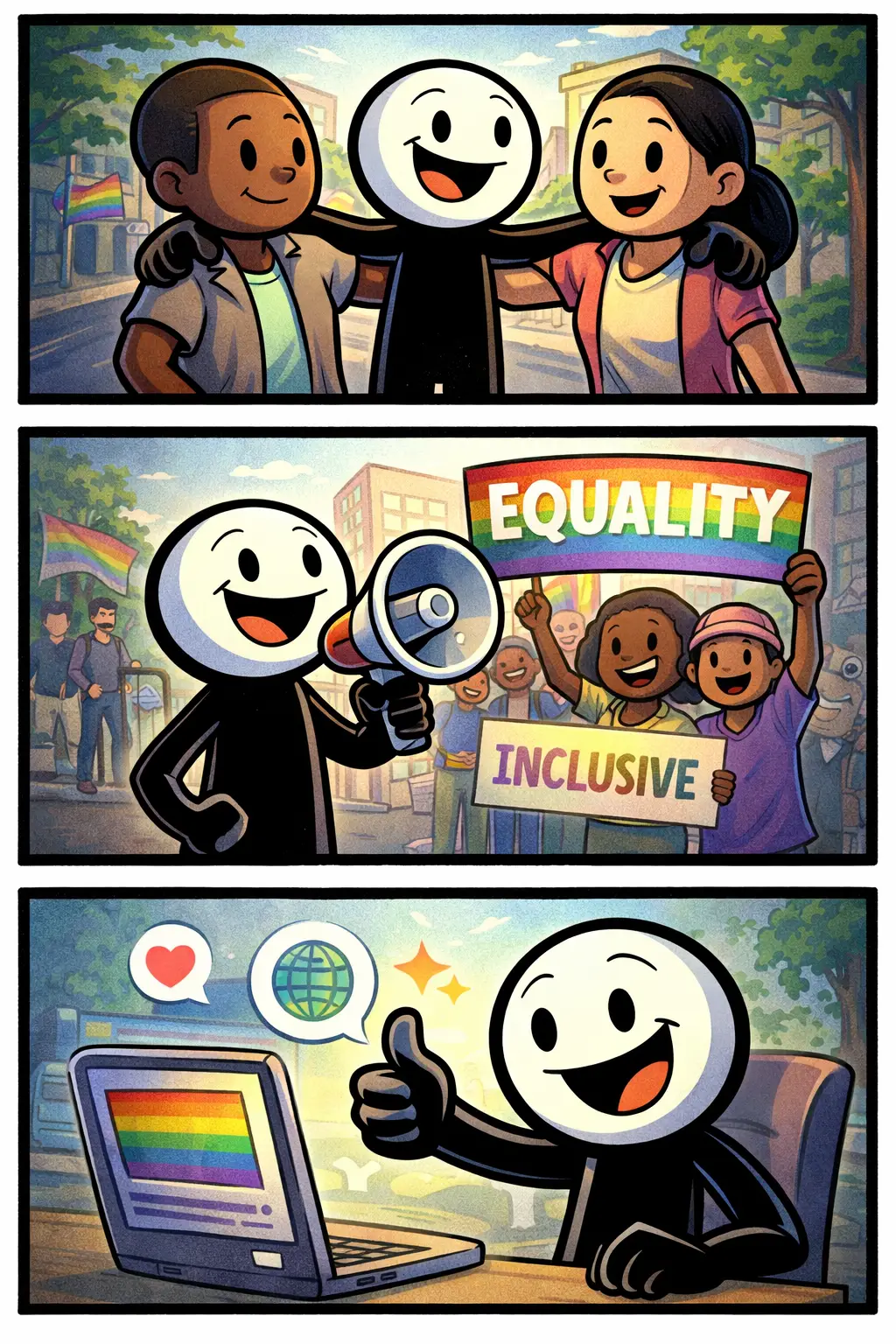 Een Toonwords-stickman in drie panelen rond het begrip woke: eerst observerend, daarna reagerend op ongelijkheid en tenslotte betrokken bij een inclusieve situatie met een positieve houding.