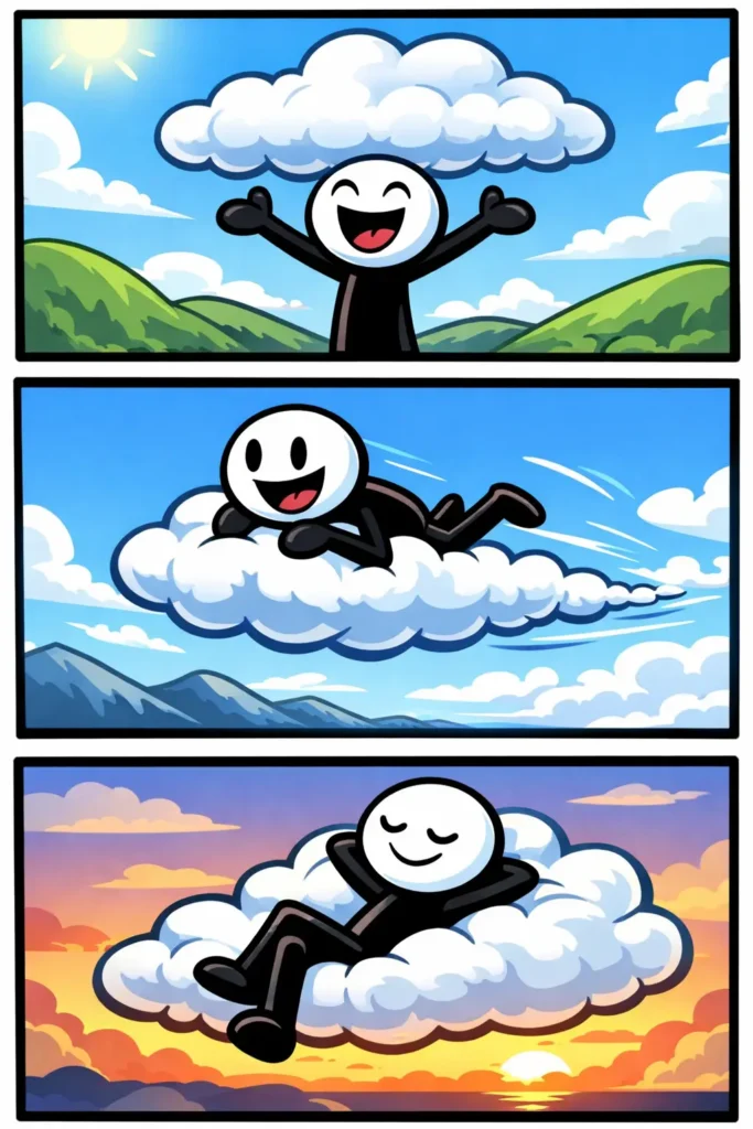 Een stripafbeelding van het Nederlandse woord wolk met een stickman die in drie panelen verschillende momenten met wolken beleeft.