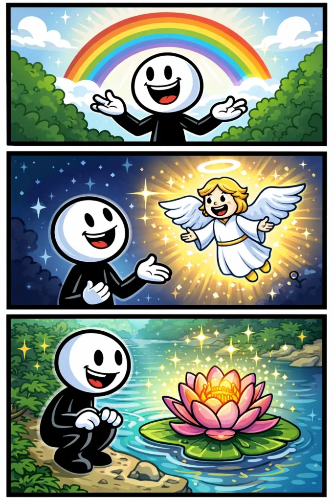 Stickman beleeft een wonder wanneer iets onverwachts en bijzonders gebeurt in drie opeenvolgende scènes