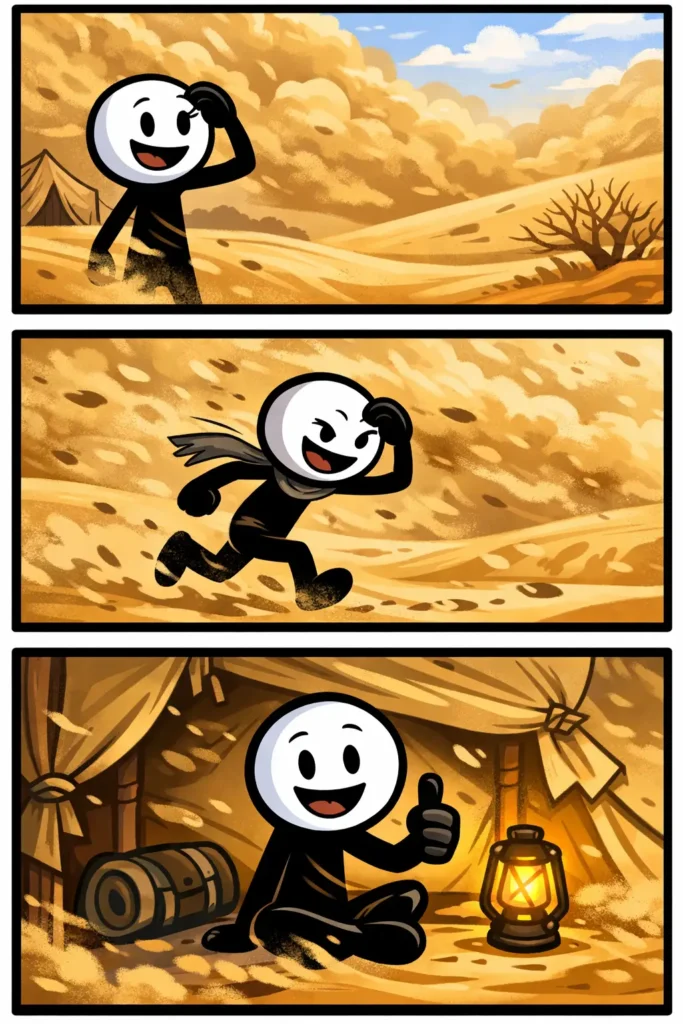 Toonwords-strip met drie panelen waarin een stickman een opkomende zandstorm meemaakt terwijl sterke wind zandwolken door het landschap blaast.