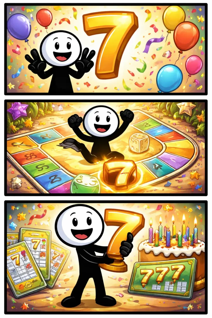 Toonwords-strip met drie panelen waarin een stickman het getal zeven ontdekt en telmomenten beleeft met zeven voorwerpen in verschillende situaties.