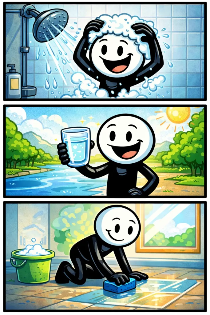 Stickman toont zuiverheid door schoon water te drinken, een glanzend object te bewonderen en een helder kristal vast te houden in drie verschillende scènes.