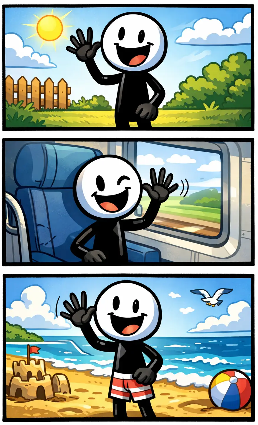 Een stripafbeelding in Toonwords-stijl met drie panelen onder elkaar. In elk paneel zwaait een stickman met een witte kop en zwart lichaam vrolijk met zijn arm. In het eerste paneel staat hij op een zonnig strand en zwaait naar iemand in de verte. In het tweede paneel staat hij op een treinstation en zwaait hij enthousiast naar een vertrekkende trein. In het derde paneel staat hij in een park en zwaait hij vriendelijk naar een voorbijlopende persoon. Het Nederlandse woord "Zwaaien" wordt uitgebeeld door de verschillende begroetingsmomenten.