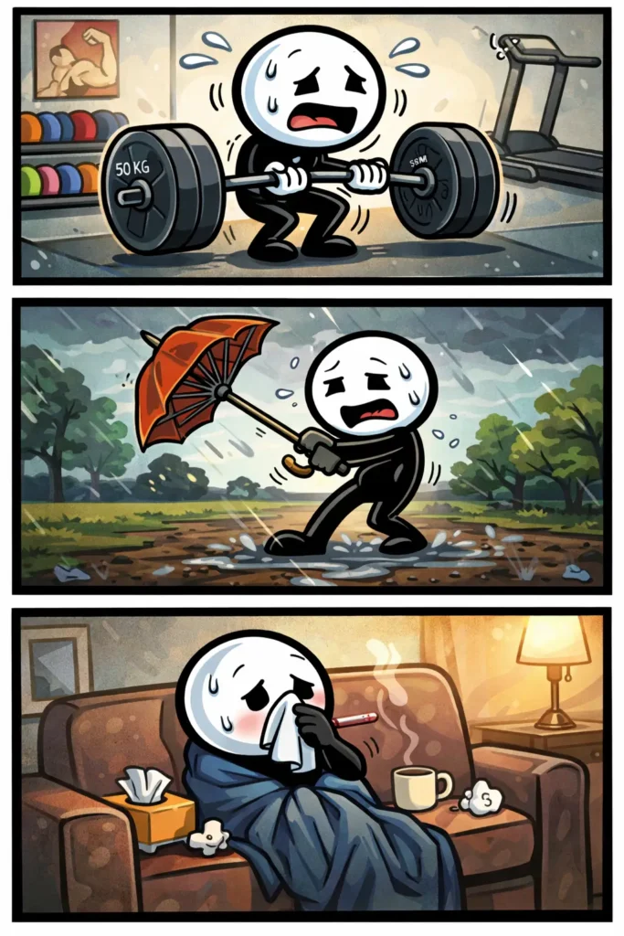 Een Toonwords-strip van het woord zwak waarin een stickman moeite heeft met kracht, weerstand en gezondheid in drie verschillende situaties, zoals sporten, slecht weer en ziek zijn.