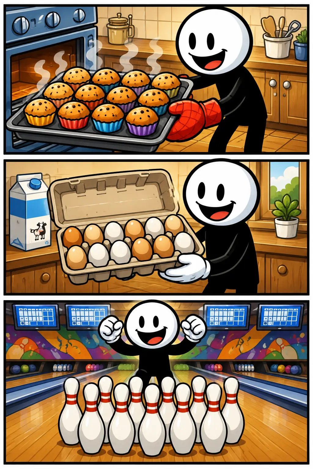 Een stripafbeelding in Toonwords-stijl over het woord dozijn, met een stickman die situaties met twaalf voorwerpen toont.