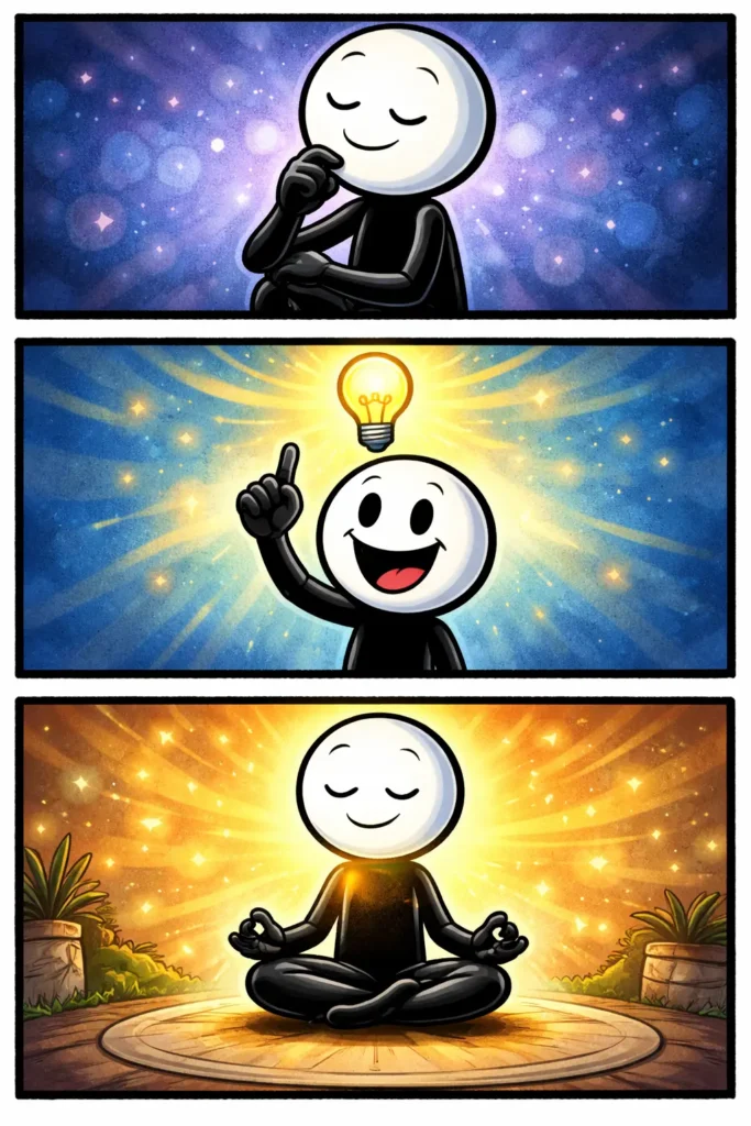 Toonwords-strip met drie panelen over geest (innerlijk): een stickman denkt rustig na, krijgt daarna een helder idee met een lampje boven het hoofd en zit tenslotte ontspannen te mediteren terwijl een warme gloed zijn innerlijke geest uitstraalt.