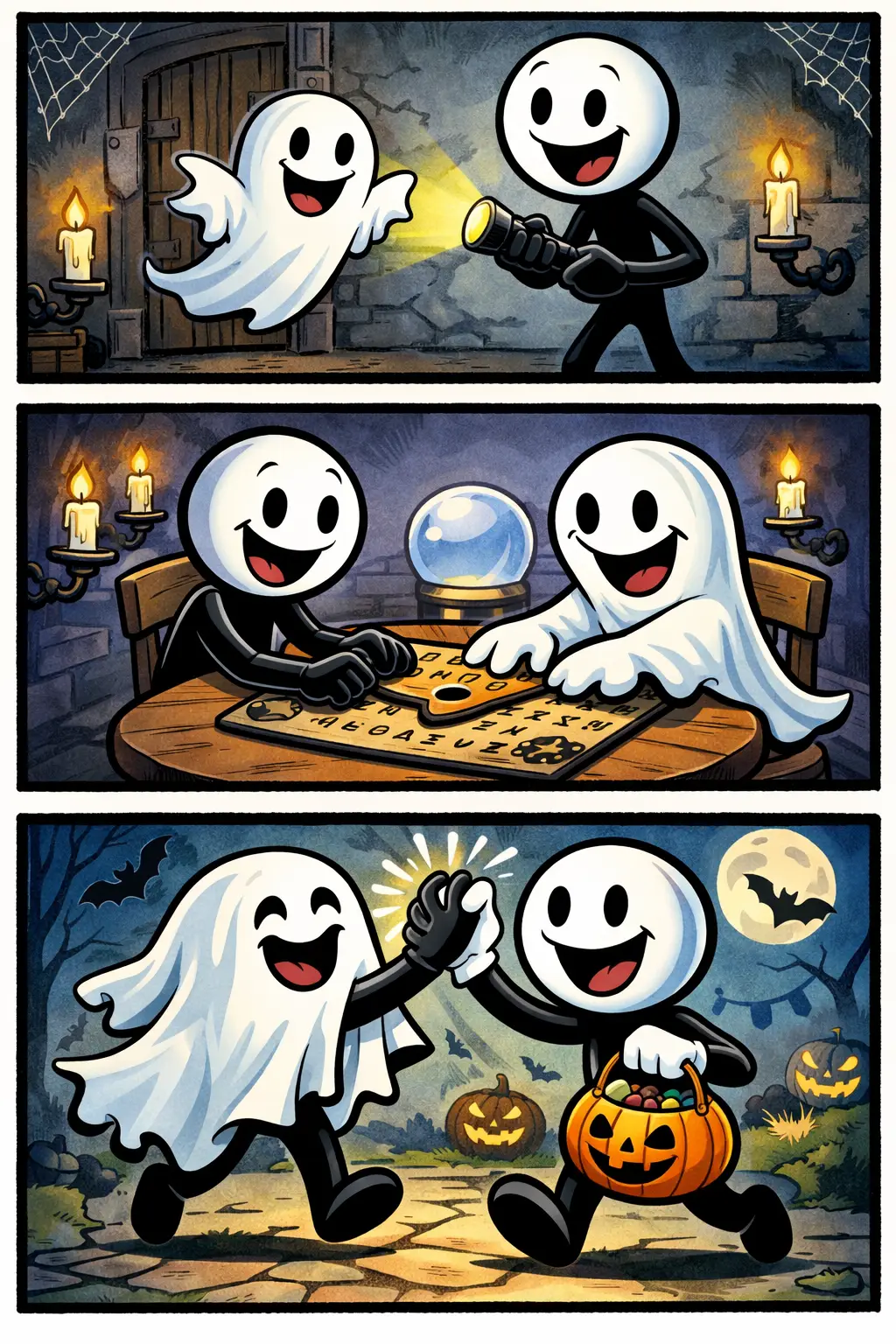 Toonwords-strip met drie panelen waarin een stickman een vriendelijke geest (spook) tegenkomt en samen een speels moment beleeft met de geest.