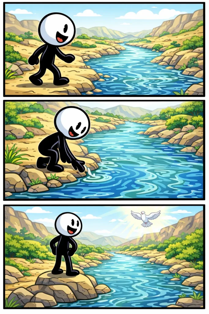 Stickman ontdekt de Jordaanrivier, raakt het stromende water aan bij de oever en kijkt daarna vanaf een rots naar de rivier die door het landschap stroomt.