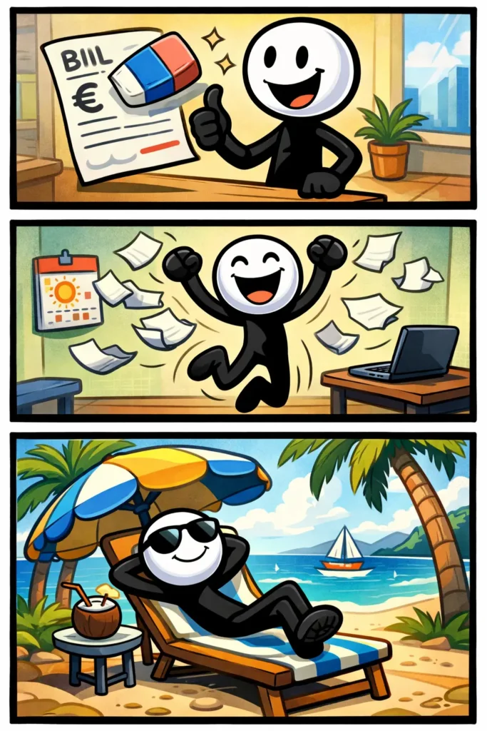 Drie panelen met stickman die een rekening ontvangt, opgelucht reageert en vervolgens kwijtschelding krijgt waardoor de schuld verdwijnt.