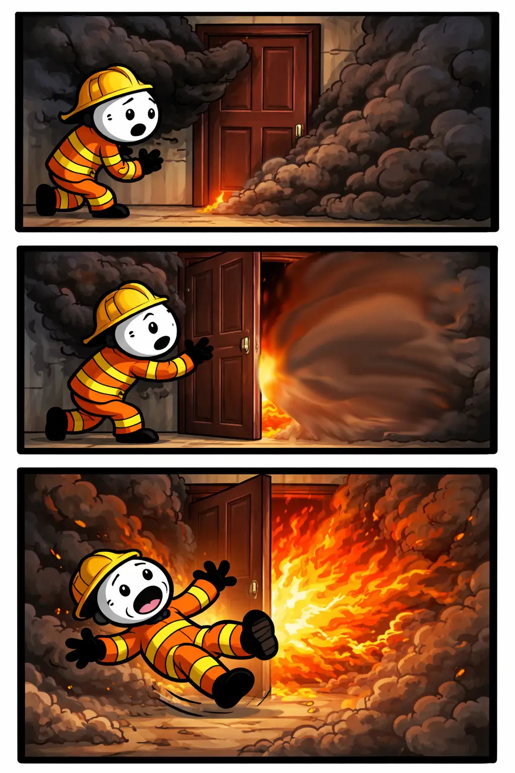 Stickman opent een deur waarna een rookgasexplosie ontstaat en een grote vlam en rookwolk uit de kamer naar buiten slaan.