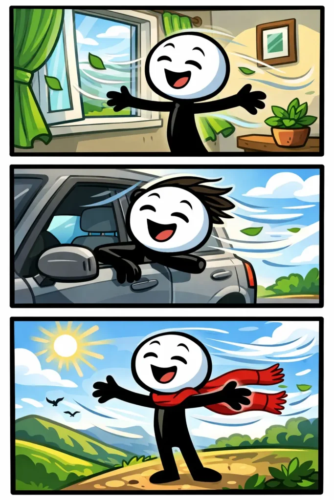 Stickman voelt een frisse tocht die door een open raam en buitenlucht door de omgeving waait terwijl bladeren en een sjaal bewegen.