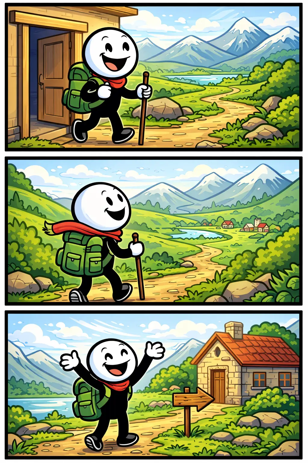Toonwords-strip met drie panelen waarin een stickman een tocht maakt: eerst vertrekt hij met een rugzak, daarna loopt hij door een landschap en tenslotte bereikt hij tevreden zijn bestemming.