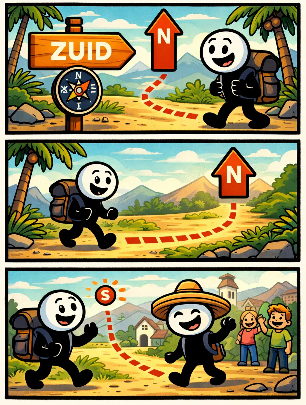 Stickman loopt in drie panelen van een bord met “Zuid” weg en beweegt naar een andere plek, waardoor duidelijk wordt dat hij uit het zuiden komt.