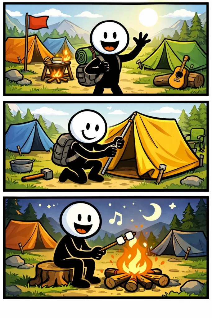 Stickman in een tentenkamp met meerdere tenten, kampvuur en gezellige avondsfeer, waarbij verschillende kampeermomenten worden beleefd.