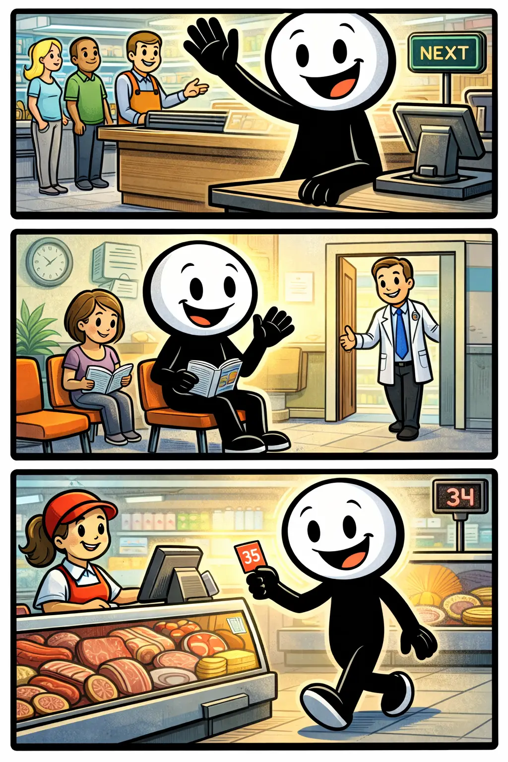 Een vrolijke stickman met witte kop en zwart lichaam is aan de beurt zijn bij een winkelbalie, wacht in een wachtruimte en loopt met een nummertje naar voren wanneer hij wordt opgeroepen.