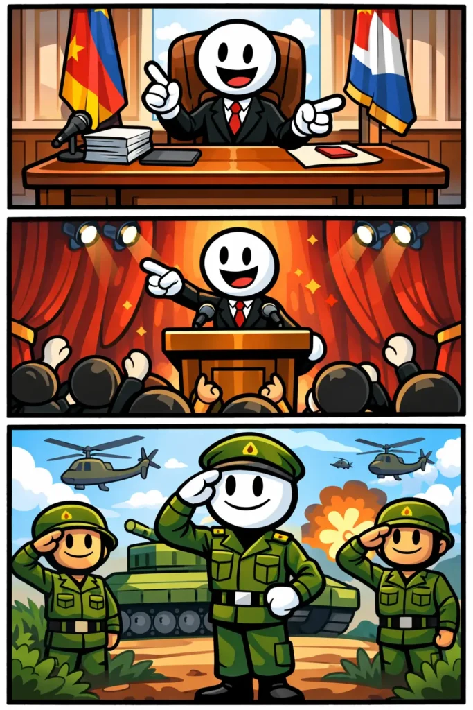 Een stickman met een kroon staat bovenop een podium en geeft aanwijzingen aan anderen, terwijl hij in verschillende scènes laat zien hoe hij aan de macht is en beslissingen neemt.