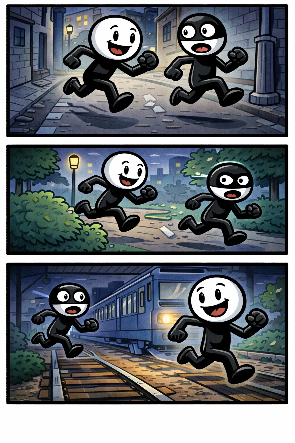 Een stickman is bezig met achtervolgen in drie scènes: eerst rent hij vrolijk door een steeg achter iemand aan, daarna door een park met struiken, en tenslotte over een spoor terwijl een trein nadert.
