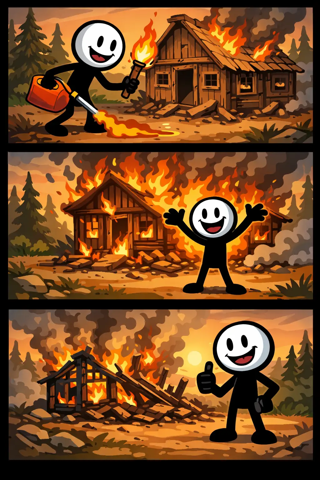 Drie panelen met een stickman die een object in brand ziet vliegen: eerst staat hij erbij met een klein vuurtje, daarna slaan de vlammen hoger op terwijl hij achteruit stapt, en in het laatste paneel is alles afgebrand en kijkt hij verbaasd naar de resten van het afbranden.