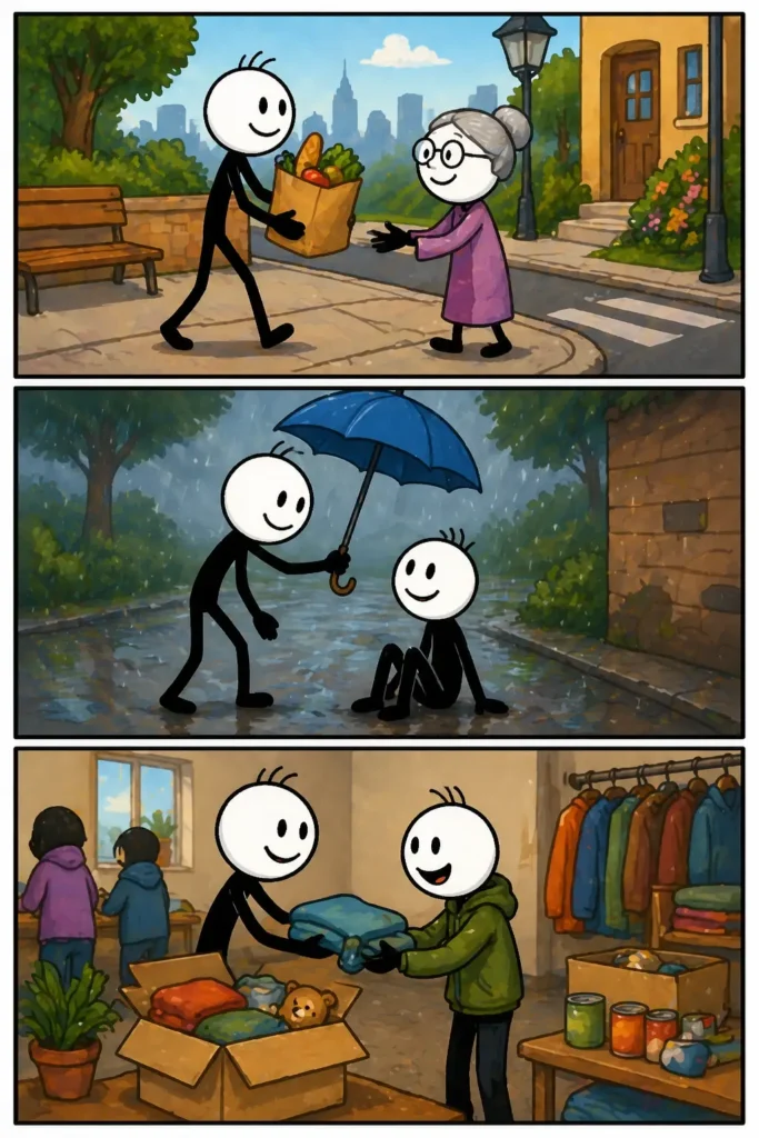 Drie verticale strip-panelen met een stickman die boodschappen geeft aan een oudere persoon, iemand helpt in de regen en spullen uitdeelt in een ruimte, dit beeldt anderen helpen uit