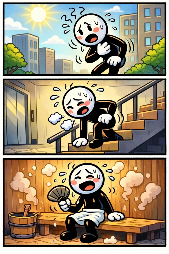 Stickman met gespannen gezicht staat in een kleine afgesloten ruimte, voelt zich benauwd en zoekt naar frisse lucht terwijl hij zich naar een open plek beweegt.