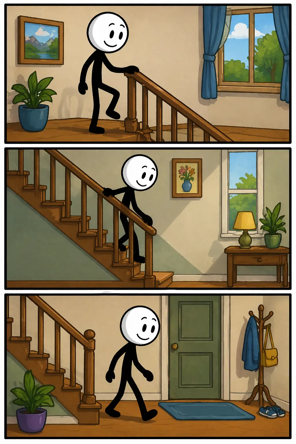 Een Toonwords-strip met drie panelen waarin een stickman een trap afloopt en beneden aankomt in een huiselijke omgeving.