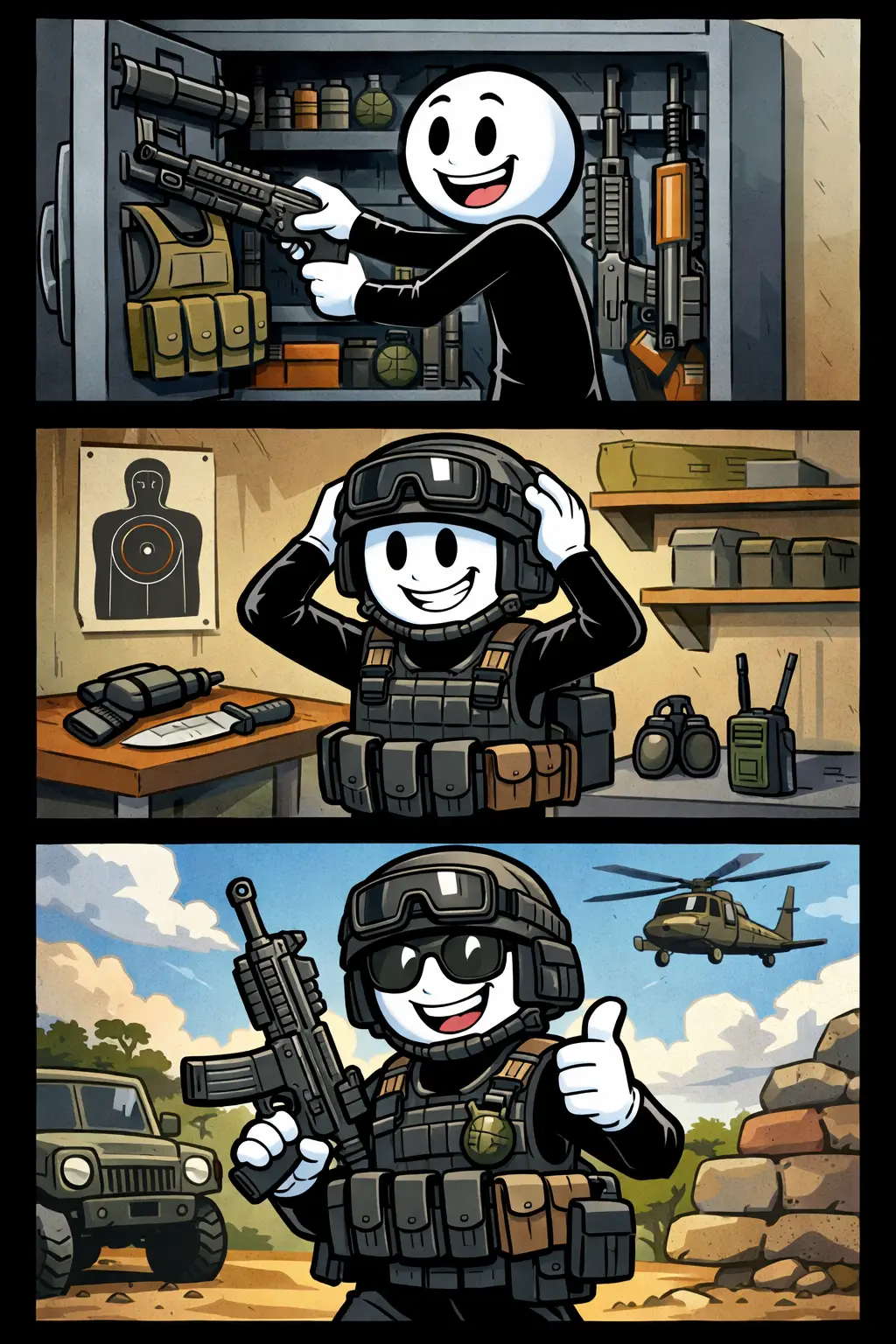 Stickman die zich voorbereidt en bewapent met verschillende middelen in drie opeenvolgende panelen, met focus op gereedheid en bescherming bij het woord Bewapenen