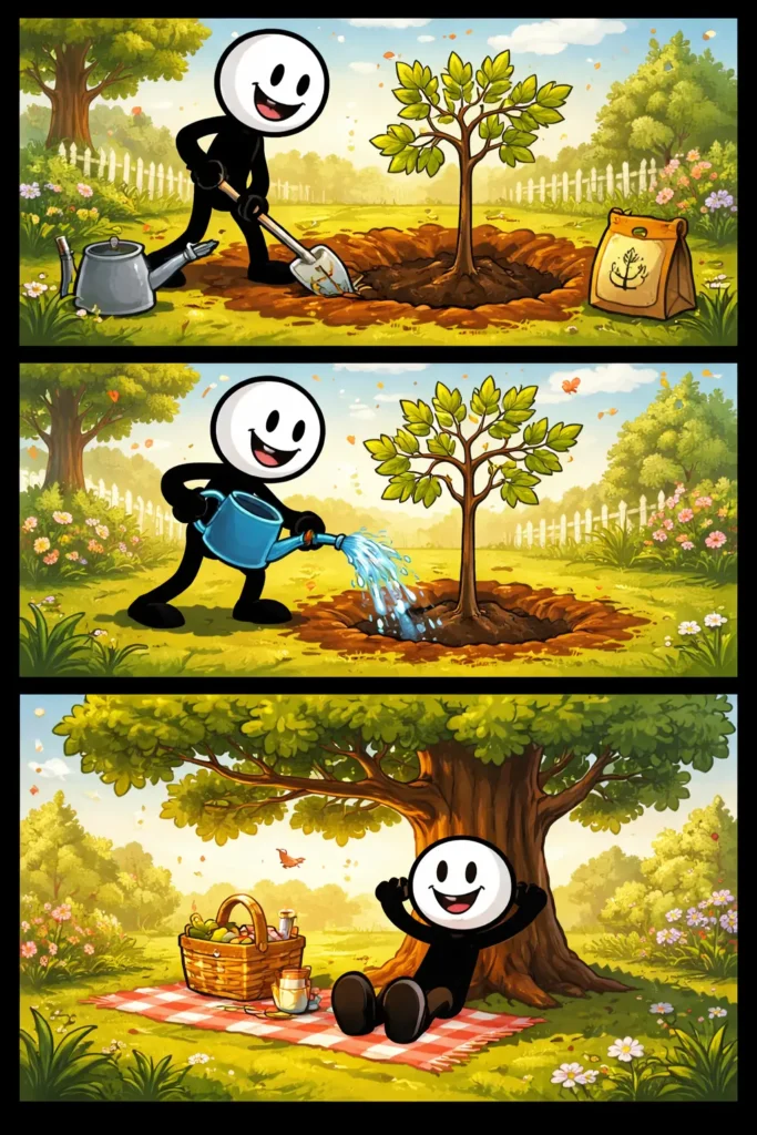 Drie panelen met een stickman bij een boom: eerst plant hij een klein zaadje in de grond, daarna groeit er een jonge boom waar hij naast staat, en in het laatste paneel staat er een grote boom en rust hij er tevreden onder, het woord boom duidelijk passend bij de scène.