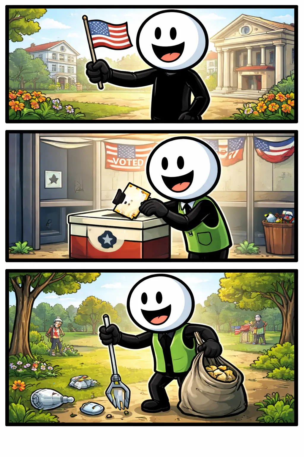 Stickman als burger die deelneemt aan de samenleving door stemmen, helpen en betrokken zijn in de omgeving.