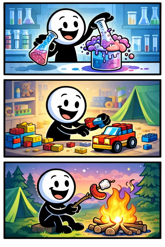 Een Toonwords strip met drie panelen: een stickman combineert verschillende objecten tot één geheel, eerst los, daarna samenvoegend en uiteindelijk een tevreden resultaat bekijkend dat een sterke combinatie vormt.