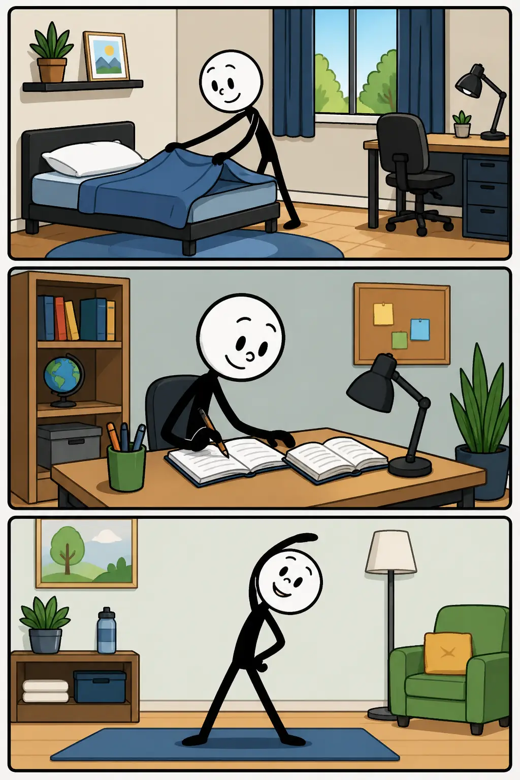Een stickman voert in drie opeenvolgende panelen dezelfde dagelijkse handelingen uit: een bed netjes opmaken, geconcentreerd studeren aan een bureau en rustig rekken op een mat, wat het woord consistent visueel uitbeeldt.