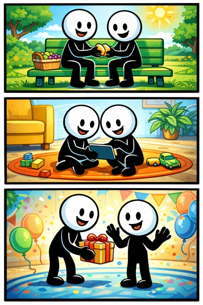 Een stickman geeft iets weg aan een ander, verdeelt daarna iets eerlijk en geniet samen van het moment als uitbeelding van delen.