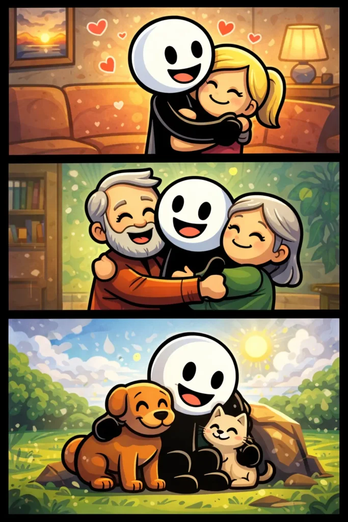 Een stickman met witte kop en zwart lichaam zit dichtbij anderen in drie scènes: eerst knuffelt hij een persoon op de bank, daarna staat hij dicht tegen twee oudere mensen aan, en tenslotte zit hij dichtbij een hond en kat in het gras, alles in warme Toonwords-stijl.