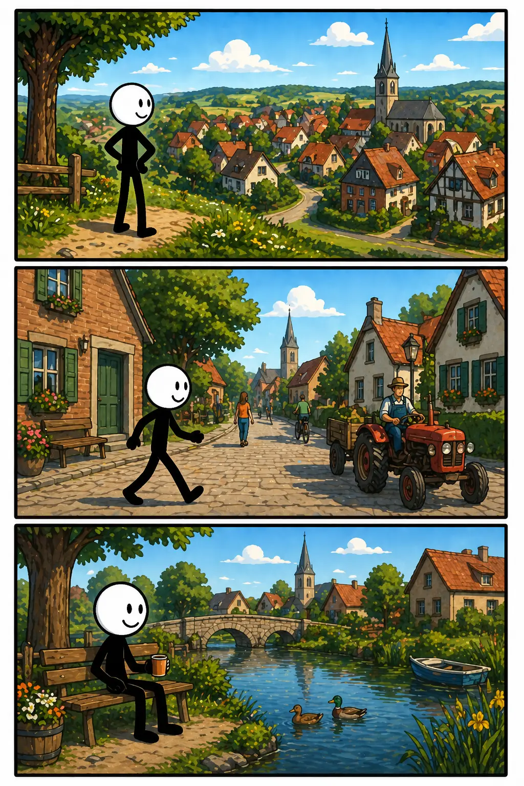 Dorp: een stickman kijkt uit over kleine huizen en een kerk, loopt daarna door een rustige straat met een tractor, en zit tenslotte ontspannen bij een rivier met brug en natuur eromheen.