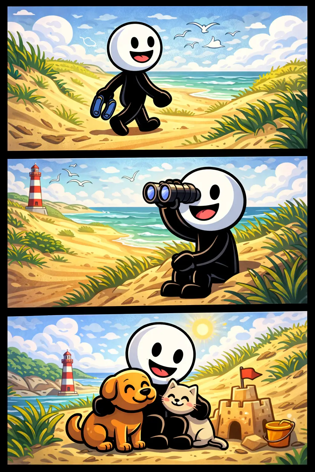 Een stickman met witte kop en zwart lichaam wandelt door een duingebied in drie scènes: eerst loopt hij over zachte zandheuvels met gras, daarna kijkt hij uit over de zee vanaf een hoge duin, en tenslotte zit hij ontspannen in het duingebied bij de ondergaande zon in Toonwords-stijl.