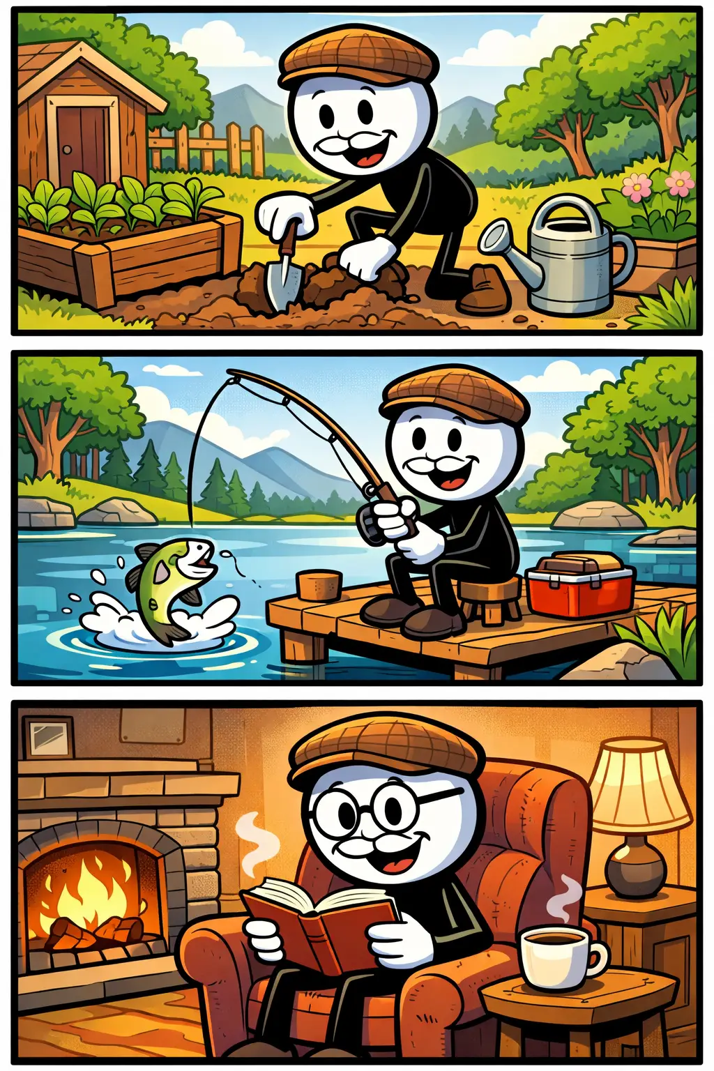 Een oude man als stickman met witte kop en zwart lichaam loopt langzaam met een stok in een park, zit daarna rustig op een bankje en kijkt uiteindelijk tevreden naar de zonsondergang