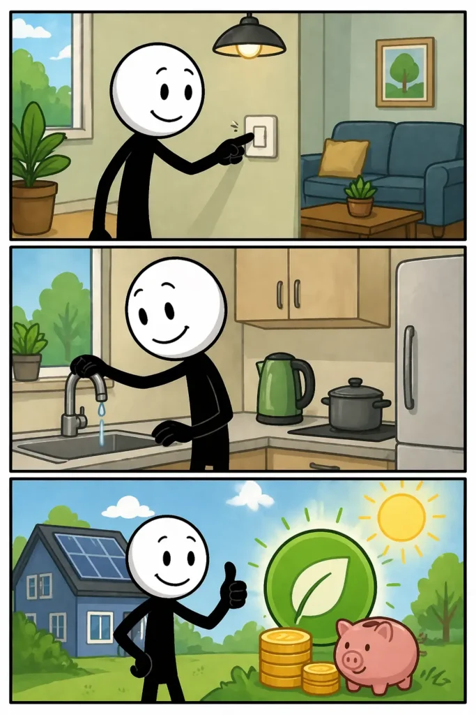 Drie panelen over energiebesparing: eerst laat een stickman onnodig licht en apparaten aanstaan, daarna zet hij bewust lampen uit en trekt stekkers uit stopcontacten, en in het laatste paneel zit hij tevreden in een rustige ruimte met minder energieverbruik.