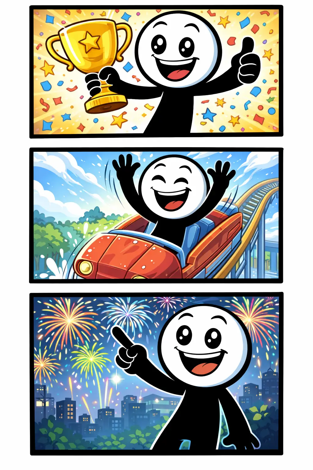 Drie panelen met een stickman die eerst iets verrassends ziet, daarna enthousiast reageert en uiteindelijk blij springt: fantastisch.