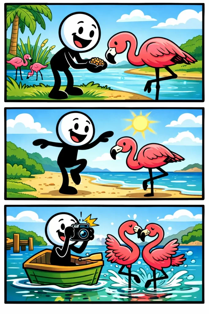 Een Toonwords strip met drie panelen: een stickman staat bij een roze flamingo in een lagune, probeert daarna op één been te balanceren zoals de flamingo en kijkt er lachend naar terwijl de flamingo rustig blijft staan.