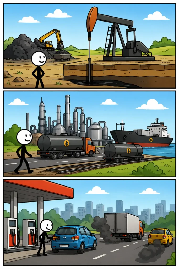 Fossiele brandstoffen: een Toonwords-stickman wint olie uit de grond, gebruikt brandstof in een voertuig en ziet rook uit een fabriek komen in drie verschillende omgevingen.