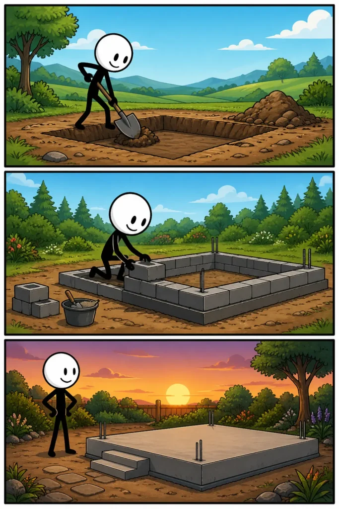 Een Toonwords-stickman met witte kop en zwart lichaam bouwt een stevig fundament: in het eerste paneel graaft hij een gat in de grond, in het tweede paneel plaatst hij stenen en beton, en in het derde paneel staat hij trots op een stevig fundament met een positief gezicht.