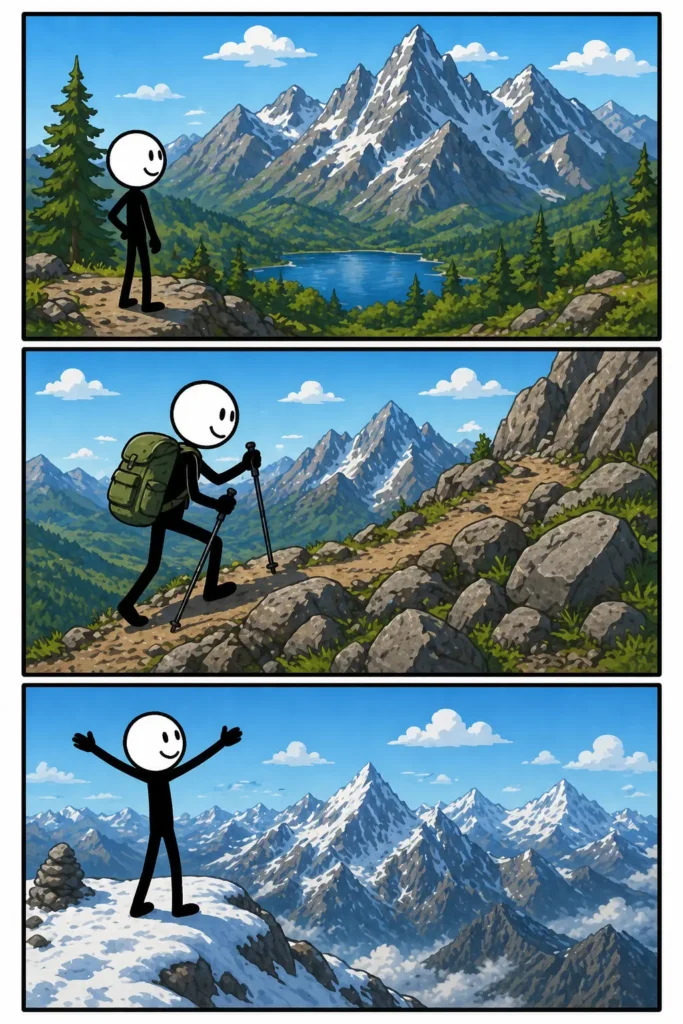 Gebergte: een stickman kijkt eerst uit over hoge bergen met een meer, klimt daarna omhoog langs een rotsachtig pad met rugzak, en staat tenslotte blij op een besneeuwde top met uitzicht over een groot berglandschap.