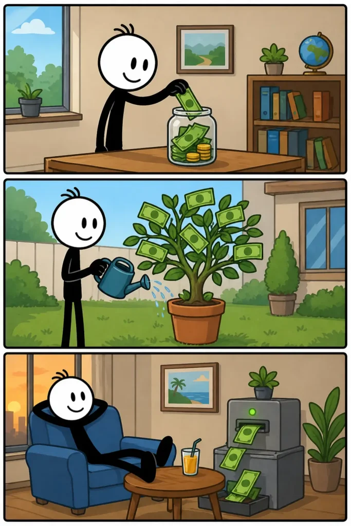 Geld voor jou laten werken: een stickman zet geld apart, ziet het groeien en ontvangt ontspannen opbrengst zonder actief te werken.
